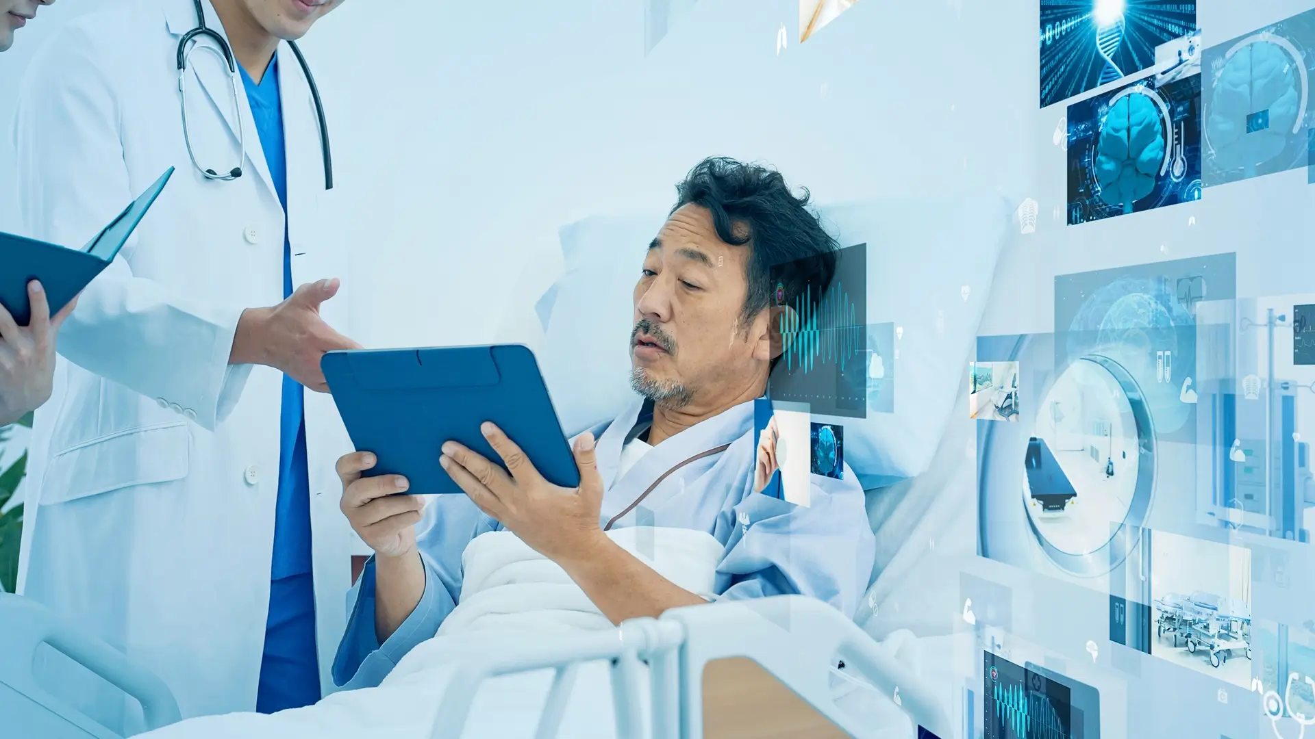 man in a hospital bed looking at forms